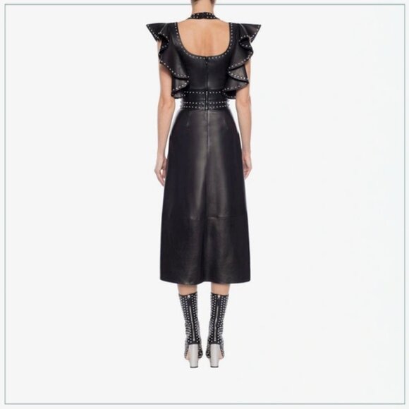 $8990 Alexander McQueen Studded Trim Lamb Leather Ruffle Runway Midi Dress - Picture 9 of 11